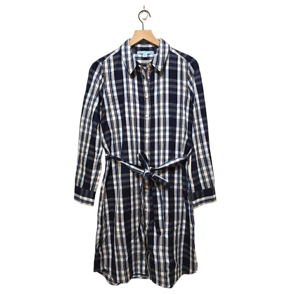 Draper James Navy Plaid Long Sleeve Casual Tie Waist Shirt Dress Sz 10